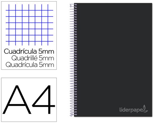 Cuaderno espiral liderpapel a4 micro jolly tapa forrada 140h 75 gr cuadro 5mm 5 bandas 4 taladros color negro
