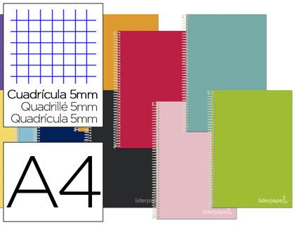 Cuaderno espiral liderpapel a4 micro jolly tapa forrada 140h 75 gr cuadro 5mm 5 bandas4 taladros colores surtidos