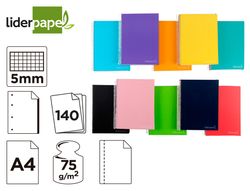 Cuaderno espiral liderpapel a4 micro jolly tapa forrada 140h 75 gr cuadro 5mm 5 bandas4 taladros colores surtidos