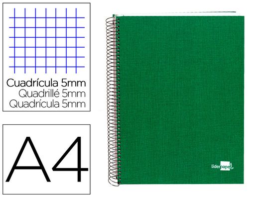 Cuaderno espiral liderpapel A4 micro papercoat tapa forrada 140h 75 gr cuadro5mm 5 bandas 4 taladros verde