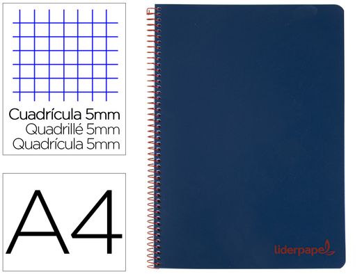 Cuaderno espiral liderpapel a4 micro wonder tapa plastico 120h 90 gr cuadro 5 mm 5 banda4 taladros color azul marino