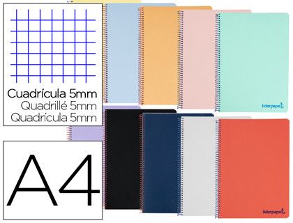 Cuaderno espiral liderpapel a4 micro wonder tapa plastico 120h 90 gr cuadro 5 mm 5 banda4 taladros color celeste