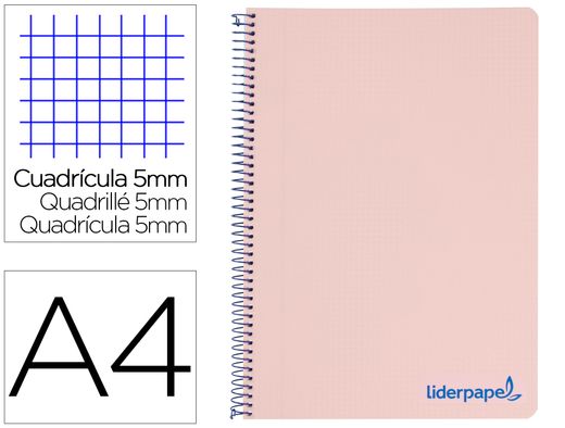 Cuaderno espiral liderpapel a4 micro wonder tapa plastico 120h 90 gr cuadro 5 mm 5 bandas 4 taladros color rosa