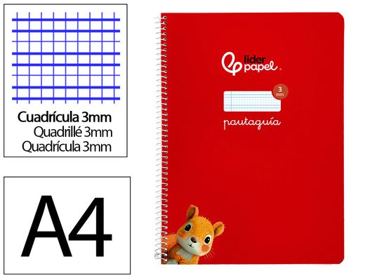 Cuaderno espiral liderpapel A4 pautaguia tapa blanda 80h 75 gr cuadro pautado 3mm color rojo