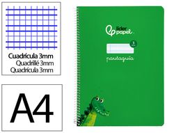 Cuaderno espiral liderpapel A4 pautaguia tapa blanda 80h 75 gr cuadro pautado 3mm color verde