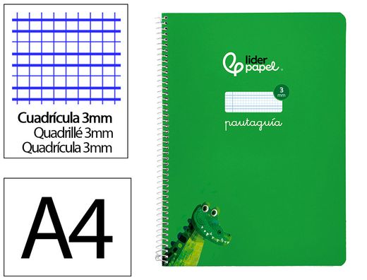 Cuaderno espiral liderpapel A4 pautaguia tapa blanda 80h 75 gr cuadro pautado 3mm color verde