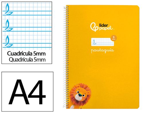 Cuaderno espiral liderpapel A4 pautaguia tapa blanda 80h 75 gr cuadro pautado 5mm color amarillo