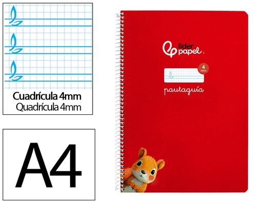 Cuaderno espiral liderpapel A4 pautaguia tapa dura 80h 90 gr cuadro pautado 4mm color rojo