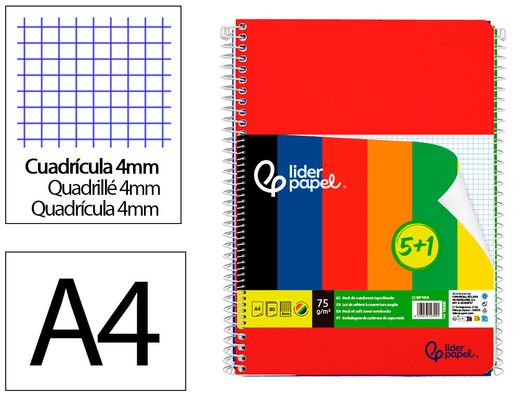 Cuaderno espiral liderpapel A4 smart tapa blanda 80h 75gr cuadro 4 mm con margen pack 5+1 colores surtidos