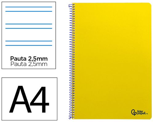 Cuaderno espiral liderpapel A4 smart tapa blanda 80h 75gr pauta 2,5mm con margen color amarillo
