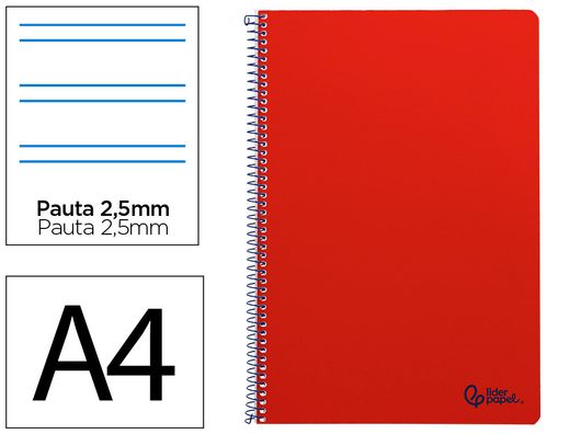 Cuaderno espiral liderpapel A4 smart tapa blanda 80h 75gr pauta 2,5mm con margen color rojo