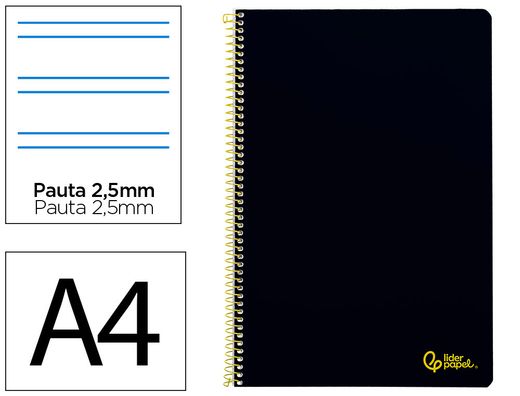Cuaderno espiral liderpapel A4 smart tapa blanda 80h 75gr pauta 3,5mm con margen color negro