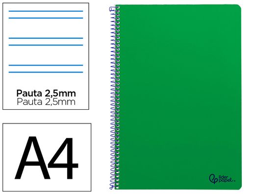 Cuaderno espiral liderpapel A4 smart tapa blanda 80h 75gr pauta 3,5mm con margen color verde