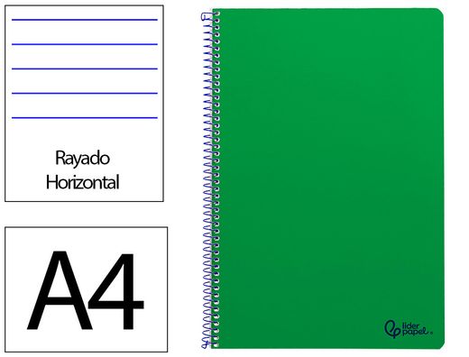 Cuaderno espiral liderpapel A4 smart tapa blanda 80h 75gr rayado horizontal con margen color verde