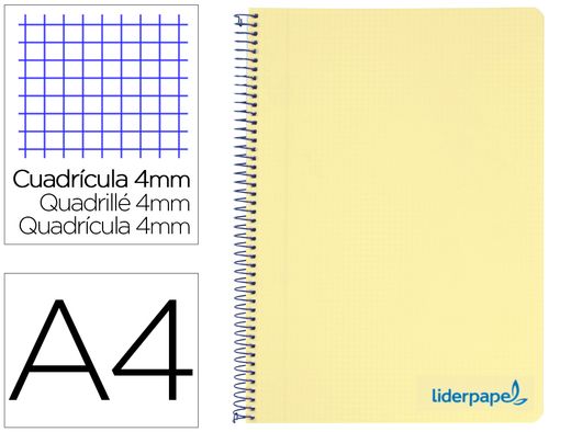 Cuaderno espiral liderpapel a4 wonder tapa plastico 80h 90gr cuadro 4mm con margen color amarillo