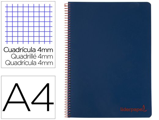 Cuaderno espiral liderpapel a4 wonder tapa plastico 80h 90gr cuadro 4mm con margen color azul marino