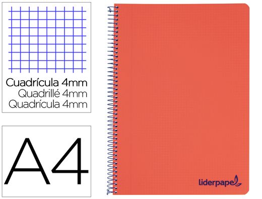 Cuaderno espiral liderpapel a4 wonder tapa plastico 80h 90gr cuadro 4mm con margen color rojo