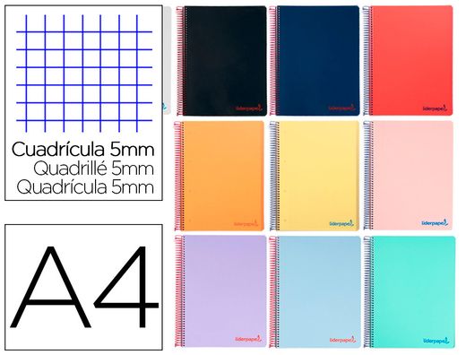 Cuaderno espiral liderpapel a4 wonder tapa plastico 80h 90gr cuadro 5mm con margen colores surtidos