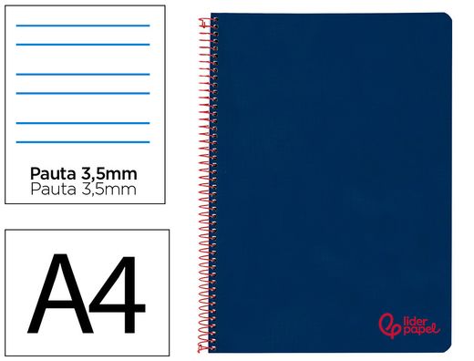 Cuaderno espiral liderpapel A4 wonder tapa plastico 80h 90gr pauta ancha 3,5mm con margen color azul marino