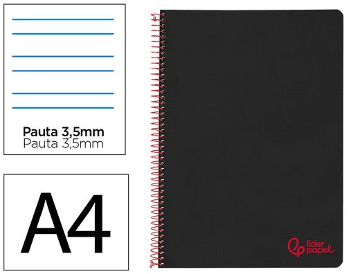 Cuaderno espiral liderpapel A4 wonder tapa plastico 80h 90gr pauta ancha 3,5mm con margen color negro