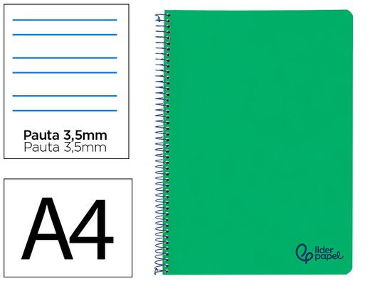 Cuaderno espiral liderpapel A4 wonder tapa plastico 80h 90gr pauta ancha 3,5mm con margen color verde oscuro