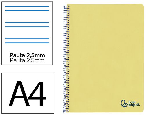 Cuaderno espiral liderpapel A4 wonder tapa plastico 80h 90gr pauta estrecha 2,5mm con margen color amarillo