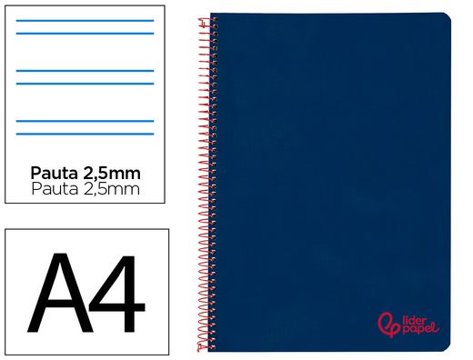 Cuaderno espiral liderpapel A4 wonder tapa plastico 80h 90gr pauta estrecha 2,5mm con margen color azul marino