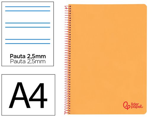 Cuaderno espiral liderpapel A4 wonder tapa plastico 80h 90gr pauta estrecha 2,5mm con margen color naranja