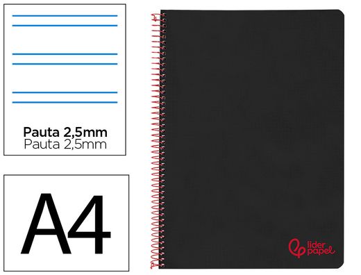 Cuaderno espiral liderpapel A4 wonder tapa plastico 80h 90gr pauta estrecha 2,5mm con margen color negro