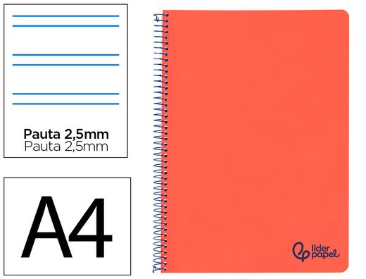 Cuaderno espiral liderpapel A4 wonder tapa plastico 80h 90gr pauta estrecha 2,5mm con margen color rojo