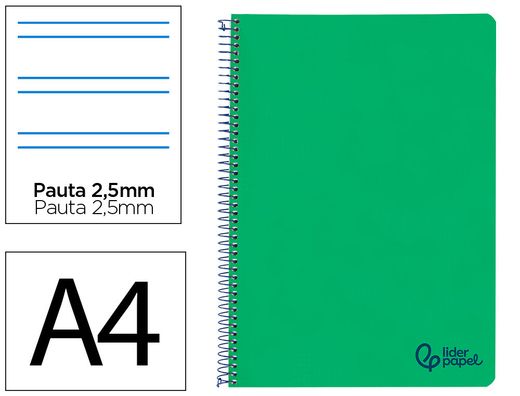 Cuaderno espiral liderpapel A4 wonder tapa plastico 80h 90gr pauta estrecha 2,5mm con margen color verde oscuro
