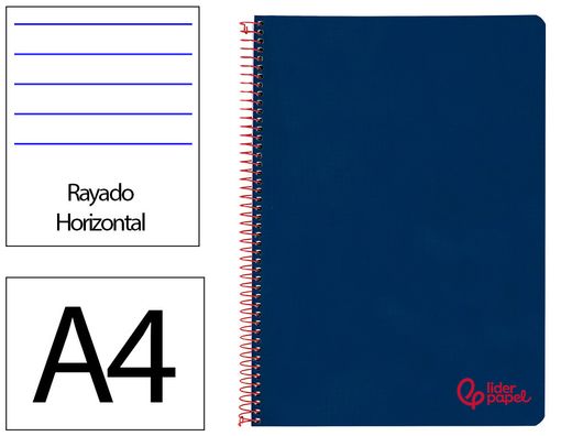 Cuaderno espiral liderpapel A4 wonder tapa plastico 80h 90gr rayado horizontal con margen color azul marino