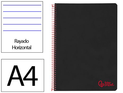 Cuaderno espiral liderpapel A4 wonder tapa plastico 80h 90gr rayado horizontal con margen color negro