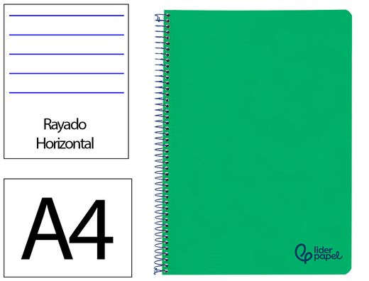 Cuaderno espiral liderpapel A4 wonder tapa plastico 80h 90gr rayado horizontal con margen color verde oscuro