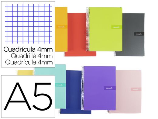 Cuaderno espiral liderpapel a5 crafty tapa forrada 80h 90 gr cuadro 4 mm con margen colores surtidos