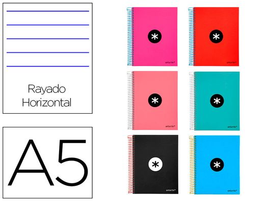 Cuaderno espiral liderpapel a5 micro antartik tapa forrada 120 h 100g horizontal 5 bandas6 taladros colores surtidos
