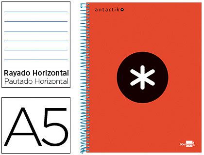 Cuaderno Espiral Liderpapel A5 Micro Antartik Tapa Forrada 120H 90 gr Horizontal 5 Bandas 6 Taladros Color Rojo.