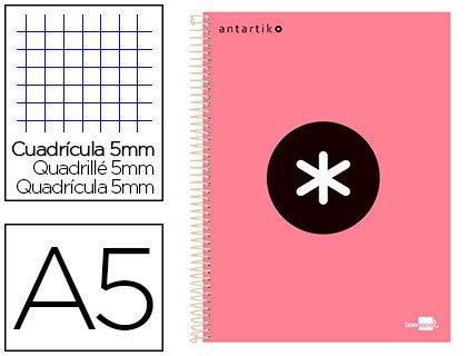 Cuaderno espiral liderpapel a5 micro antartik tapa forrada 120h 90 gr cuadro 5 mm 5 band6 taladros color coral