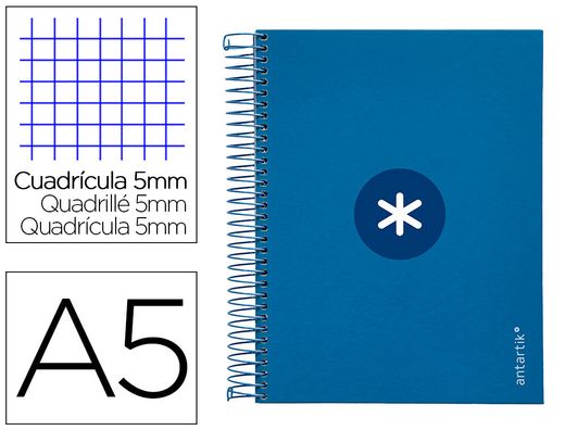 Cuaderno espiral liderpapel a5 micro antartik tapa forrada 120h 90 gr cuadro 5mm 5 banda6 taladros color azul oscuro