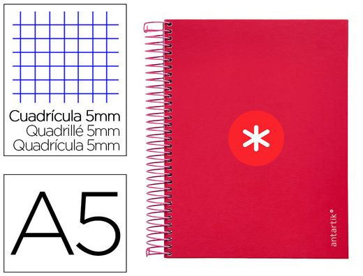 Cuaderno espiral liderpapel a5 micro antartik tapa forrada 120h 90 gr cuadro 5mm 5 banda6 taladros color frambuesa