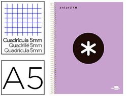Cuaderno espiral liderpapel A5 micro antartik tapa forrada 120h 90 gr cuadro 5mm 5 banda6 taladros color lila lavanda