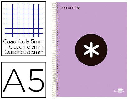 Cuaderno espiral liderpapel A5 micro antartik tapa forrada 120h 90 gr cuadro 5mm 5 banda6 taladros color lila lavanda