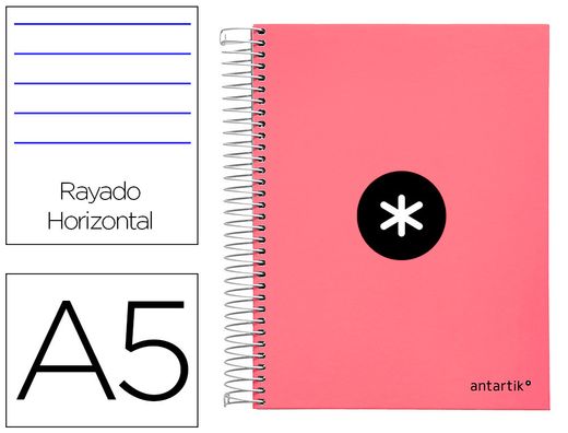 Cuaderno espiral liderpapel a5 micro antartik tapa forrada 120h 90 gr horizontal 5 banda6 taladros color coral