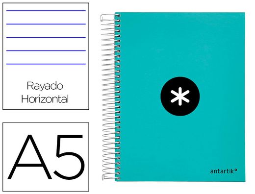 Cuaderno espiral liderpapel a5 micro antartik tapa forrada 120h 90 gr horizontal 5 banda6 taladros color menta