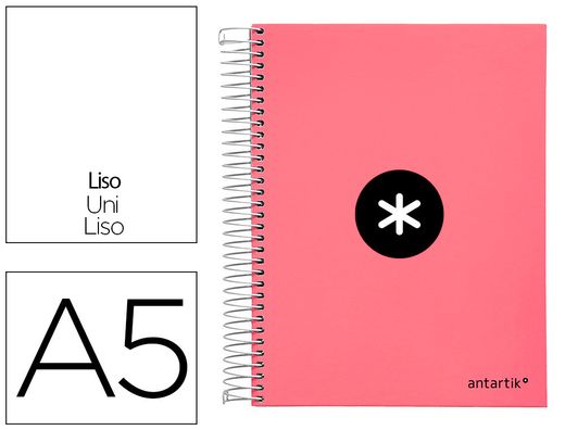 Cuaderno espiral liderpapel a5 micro antartik tapa forrada 120h 90 gr liso 5 bandas 6 taladros color coral