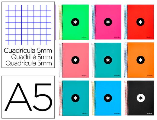 Cuaderno espiral liderpapel a5 micro antartik tapa forrada120h 100gr cuadro 5mm 5 bandas6 taladros colores surtidos