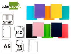 Cuaderno espiral liderpapel a5 micro jolly tapa forrada 140h 75 gr cuadro 5mm 5 bandas, 6 taladros colores surtidos