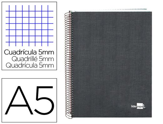 Cuaderno espiral liderpapel A5 micro papercoat tapa forrada 140h 75 gr cuadro5mm 5 bandas 6 taladros negro
