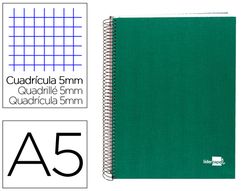Cuaderno espiral liderpapel A5 micro papercoat tapa forrada 140h 75 gr cuadro5mm 5 bandas 6 taladros verde