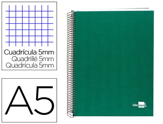 Cuaderno espiral liderpapel A5 micro papercoat tapa forrada 140h 75 gr cuadro5mm 5 bandas 6 taladros verde